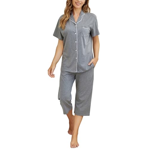Image of Tugege Capri Pajamas Set Womens Button Down Short Sleeve Lounge Sets Sleepwear Notch Collar Top & Capri 2 Piece PJ Sets