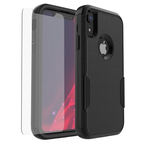 pdxox for iPhone XR Heavy Duty Phone case with Screen Protector,6.1”Black