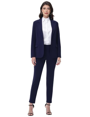 Gowjog Hosenanzüge für Damen Business Modern Slim Fit Anzug Set Langarm Elegant Blazer Mit Outfit für Office (Marineblau,M)