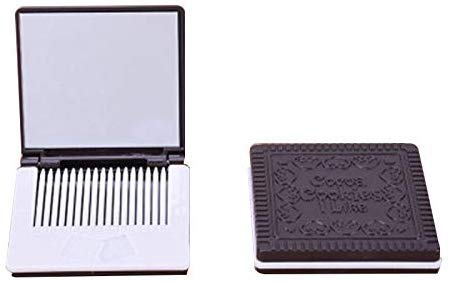 ECOSWAY Filles Chocolat Cookie Mini Pli Miroir avec Peigne Princesse Portable Sandwich Biscuit Forme Maquillage Cosmétique Miroir de Poche - G Cover