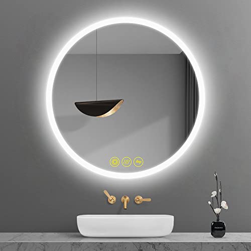 ICYWANG 400mm Bathroom LED Mirror Round with Demister Pad Illuminated Backlit IP44 Waterproof Vertical Dimmable with 3 Colors