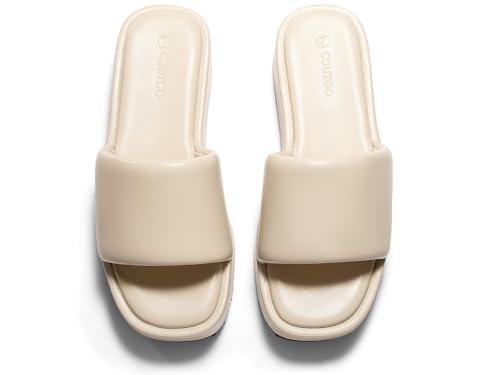Coutgo Womens Platform Sandals Puffy Slip on Open Toe Flatform Comfort Y2K Dressy Summer Slide Sandals, Beige Pu, Size 8 — view 5