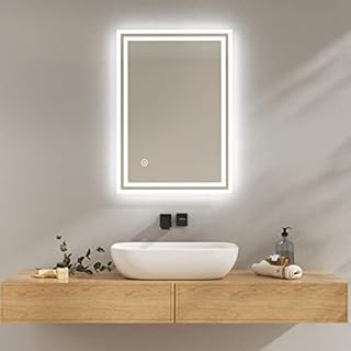 EMKE Bathroom Mirror with LED Lights, 500x700 MM Wall Mounted Shaver Socket Bathroom Mirrors with Extra Fuse, Dimmable Switch and Demister Pad, Horizontal/Vertical