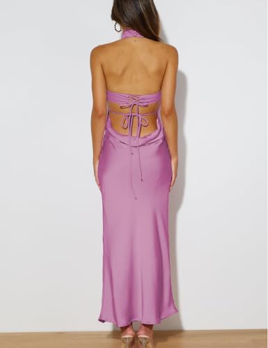 Image of Women Summer Satin Halter Neck Backless Formal Wedding Guest Maxi Dress