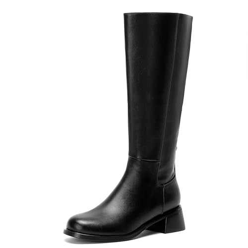 LanreyTaley Leather Boots Women Knee High Boots Low Block Heel Round Toe Side Zipper Fall Long Boots