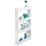 mDesign Mueble auxiliar para lavadero – Compacta estantería con ruedas para guardar detergentes, etc. – Práctico carro de lavandería de plástico con cuatro amplios estantes – blanco