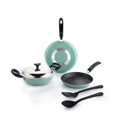 Image of Crystal Aluminum 6 Pcs Non Stick Cookware Set | Gas Stove Friendly | Tawa, Fry Pan, Kadhai with Lid, Laddle & Spatula | Durable 4 Layer Non Stick Coating | PFOA Free | Light Green