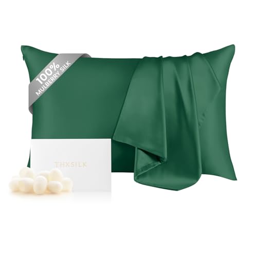THXSILK 100% Mulberry Silk Pillowcase for Hair and Skin Health, Hidden Zipper, 6A+ Silk Both Sides Smooth, Breathable and Natural, Sleep Pillow Case (Standard 20"x26", Emerald Green)