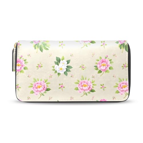 Long Wallets Leather Bifold Wallet for Women Vintage Peony Flower with Zipper Credit Card Holder Large Capacity