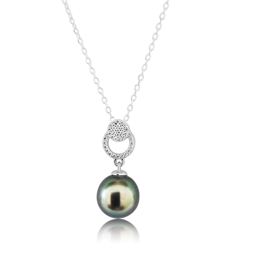 PERORNO Collier Pendentif avec Perle de Tahiti Authentique 9-10 mm, Argent Sterling 925, Zircones, Couleur Foncée Brillante, Bijou Élégant pour Femme