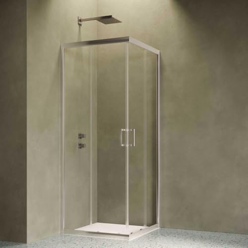 Siro | Cabina de ducha angular con 2 puertas correderas (80 x 90 x 190 cm) | Serie Zodiaco, de aluminio/cristal, fácil de instalar, estilo clásico, fabricada en Italia, color plata/transparente