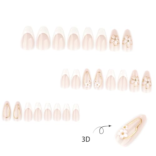 Image of Secret Lives Glossy Nude & White Tip Press-On Nails - 3D Floral Design with Gold Stud Accents Almond Shape Wearable False Nails 24-Pieces Set with Kit