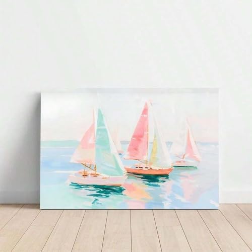 Bateaux colorés et pastel côtier : affiche océan rose à texture toile - 4