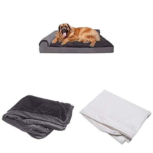 Furhaven Pet Bundle - Jumbo Plus Platinum Gray Deluxe Orthopedic Plush Faux Fur & Velvet L Shaped Chaise, Extra Dog Bed Cover, & Water-Resistant Mattress Liner For Dogs & Cats #TOP17