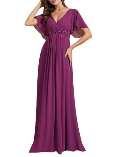 Image of Ever-Pretty Women's Spring Short Sleeve Bridesmaid Dresses V-Neck Chiffon Ruched Empire Waist Appliques Long Formal Dress