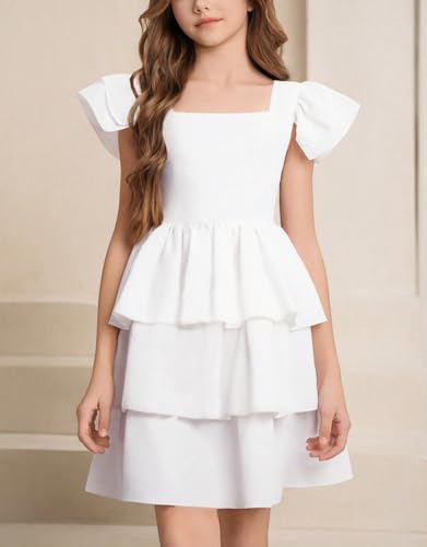 21KIDS Girls Summer Dress Flutter Sleeve Smocked Tiered Elegant Casual Dresses for Girls 8-12 Years3