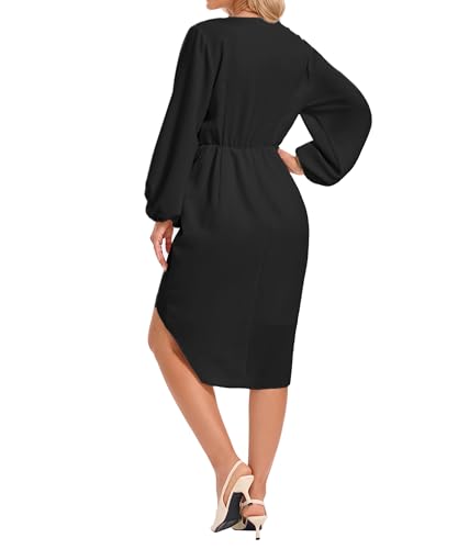 Image of Women's Wrap V Neck Asymmetrical Hem Midi Ruched Cocktail Evening Dress | Back Zipper, Regular Fit, Club Night, Semi Office Formal, Wedding Dinner Date, Flutter Short Sleeve