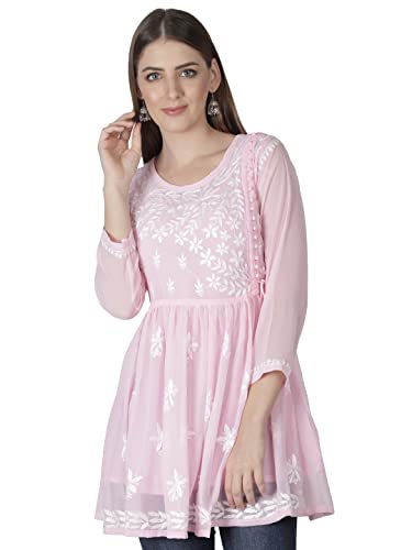 Image of Seva Chikan Hand Embroidered Lucknowi Chikankari Angarkha Georgette Top with Slip for Women SCL4041