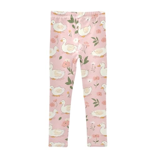 Cute White Ducks Girls' Leggings Toddler Doodles Flowers Pink Kids Yoga Pants Dance Active Tights 4T2