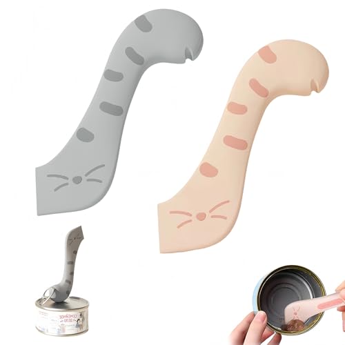 Cucharas para comida de gato silicona 2 unidades rosa y gris – Cucharón multiusos para comida húmeda de mascotas, diseño con forma de pata, borde curvo y punta afilada, ideal para abrir latas y s