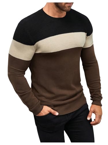 Men's Color Block Sweater Tops Crewneck Long Sleeve Vintage Pullovers Soft Knitwear