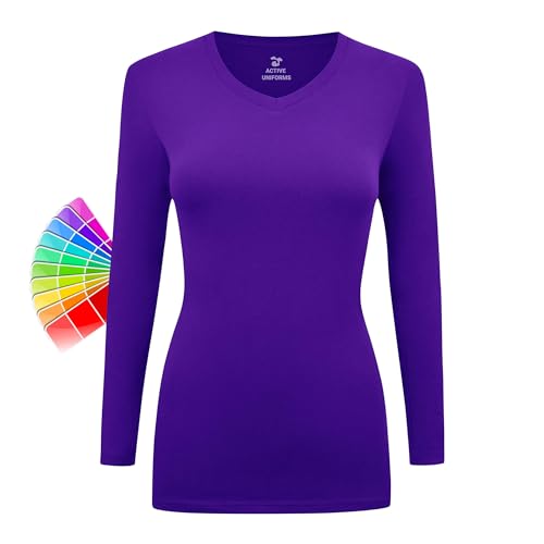 Women's Under Scrubs Long Sleeve T-Shirt Comfort V-Neck Medical Underscrub Tee -Super Soft and Stretchy (Purple, Small)