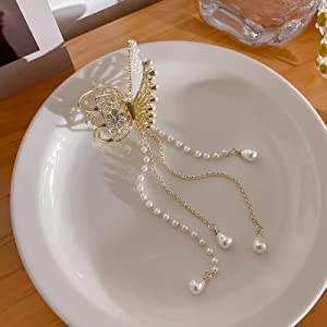 Image of BAKEFY Korean Style Metal Hair Claw Clip for Women & Girls | White & Gold Butterfly Hair Clutcher | Pearl & Stone Jaw Clamp Hair Accessory | Bridal, Wedding & Party | 1 Piece