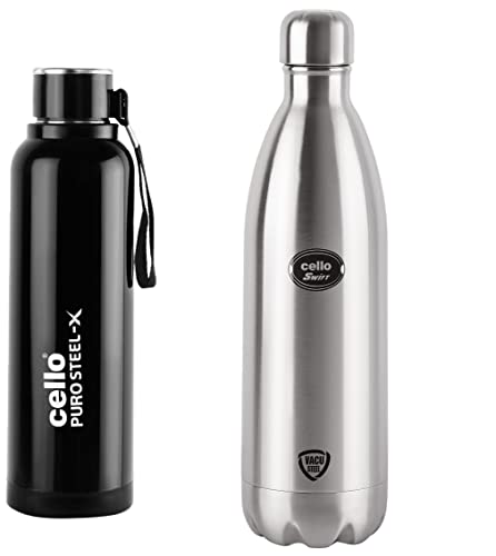 Image of Cello Swift Silver 1 L Flask Puro Steel-X Benz Inner Steel Outer Plastic with PU Insulation 900 ml Black Water Bottle