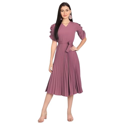 Image of KUDUZO Women's Crepe Mauve Color V Neck Designer Short Sleeve Knee Length Pleated Dress Size S to XL (5H-1D5M-YD5L)