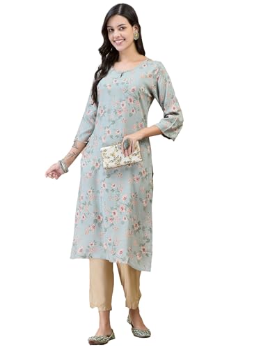 Image of Shree Women Liva (Rayon) White Floral Print Kurta