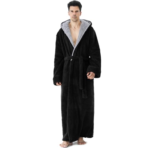 PUTUO Heren Lange Robe Kamerjas: Luxe Warme Winter Fluffy Fleece Capuchon Badjas - Volledige Lengte Gezellige Zachte Dikke Thermische Winter Kamerjas voor Kerstcadeaus zwart XXL 1 stuk