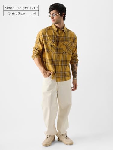 Image of The Souled Store Plaid: Mustard, Black and White Men Relaxed Shirts