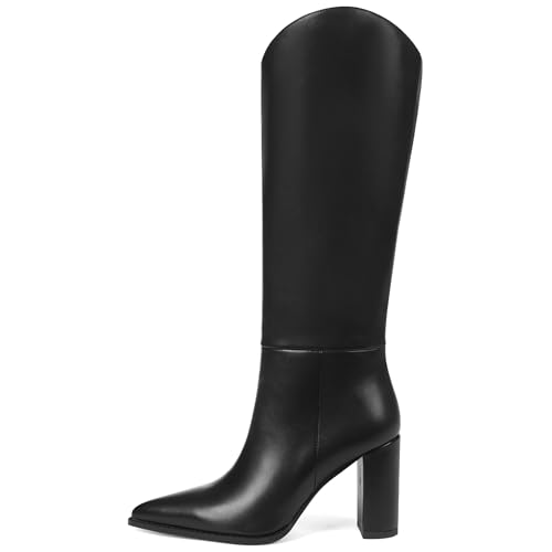 SaraIris Women's Black Knee High Boots Wide Calf Chunky High Heel Pointed Toe Zipper Comfortable Casual Boots 5