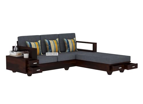 Image of Sheesham Wood 4 Seater L Shape Sofa Set with 2 Drawer Storage | 3+1 Wooden Sofa Set Furniture for Living Room Home Office (L Shape,Walnut Finish)