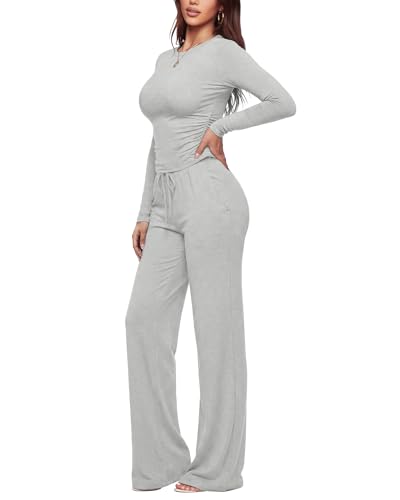 Image of ZOOSIXX Lounge Sets for Women - 2 Piece Outfits Crop Tops with Fold Over Flare Leggings Fall Loungewear Fitted Pajama