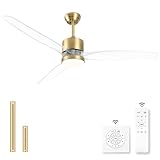 OKELI Clear Ceiling Fan with Light, 52 Inch Gold Transparent Ceiling Fans with Light and Remote 3 Reversible Blade LED Ceiling Fan and Light Combo for Living Room, Bedroom, Patio