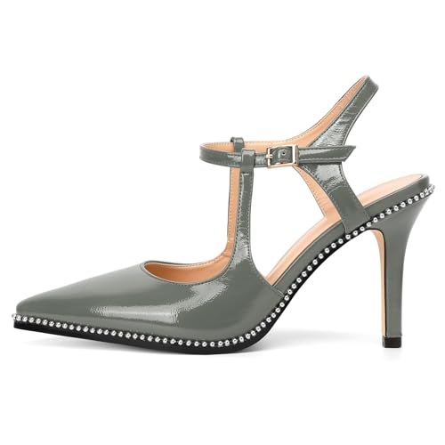 Image of SAMMITOP Womens High Heels Ankle Strap Pointed Toe Stilettos Patent Leather Beaded Pumps Dress Shoes 3.5 Inch