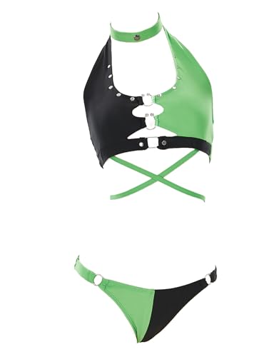 MEOWCOS Sexy Black and Green Buckle Decoration Two-Piece Swimsuit