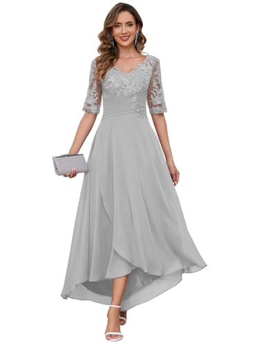 Women's Tea Length Mother of Bride Dresses for Wedding with Sleeves Lace Appliques Pleated Formal Evening Gowns