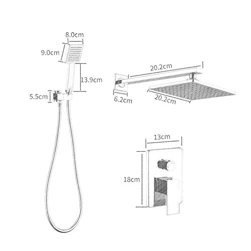Ensemble de douche chrome avec mitigeur mécanique et pommeau carré mural encastré