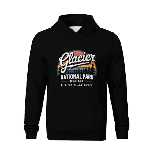 Kids Retro Glacier National Park with GPS Location Boys Girls Lightweight Kangaroo Pocket Fleece Hoodies2