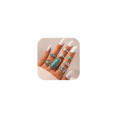 8 Pcs Bohemian Joint Knuckle Rings Set for Women,Vintage Oval Turquoise Finger Ring Opal Gemstone Teardrop Midi Rings Pack Punk Leaf Ring Party Daily Jewelry