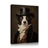 ヴィンテージペット犬ポートレートキャンバスウォールアートシルクハット&テールコートキャンバスプリントビクトリア朝スタイルの壁の装飾ストレッチ写真スタディルーム38x50cmインナーフレーム