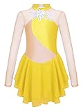  LiiYii Robe Patinage Artistique pour Fille Enfant Justaucorps Strass Manches Longues Brillant Leotard Gymnastique Danse Costume Spectacle 5-16 Ans Jaune 15-16 Ans