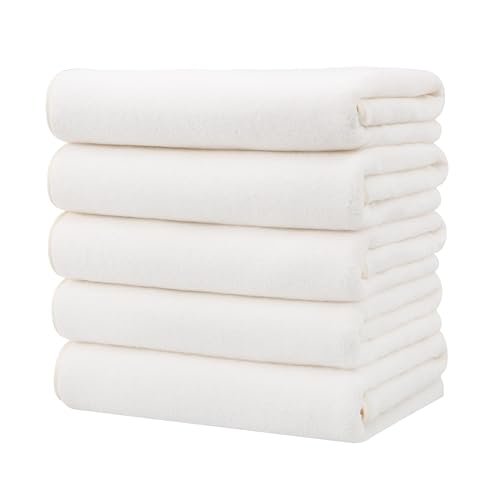 バスタオル 大判 ホテル仕様 タオル マイクロファイバー 5枚セット ふわふわ 吸水 速乾 耐久性 家庭用 サロン ジム サウナ バス用品 業務用 (ホワイト)