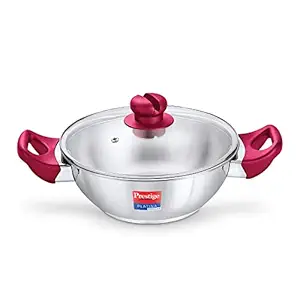 Prestige Platina Popular Stainless Steel Gas and Induction Compatible Kadhai with Glass Lid, 24 cm, Silver