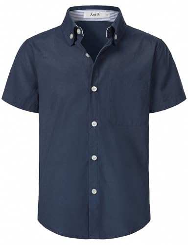 AOTIK Boys Oxford Button Down Shirt Short Sleeve Formal Uniform Dress Shirts with Pocket 12 Navy