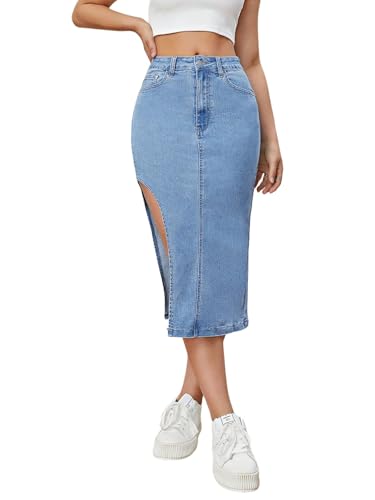 Image of GRECIILOOKS Women's High Waist Denim Skirt with Front Slit - Long Maxi Jean Skirt Casual Fashion - Stylish Denim Skirts for Women
