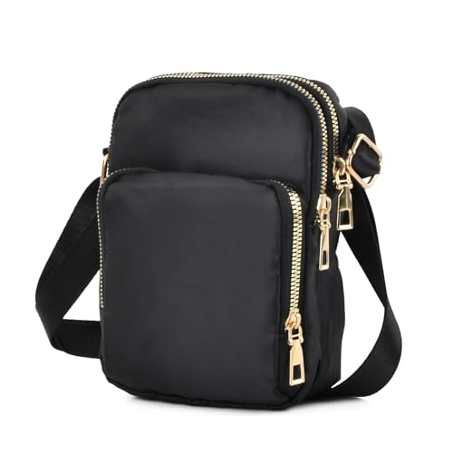 Amexo Klein Handytaschen Nylon Umhängetasche Damen Schwarz Crossbody Taschen mit Verstellbarem Schulterriemen 3 Lagen Zipper Umhängetasche für Frauen Mädchen Reisen