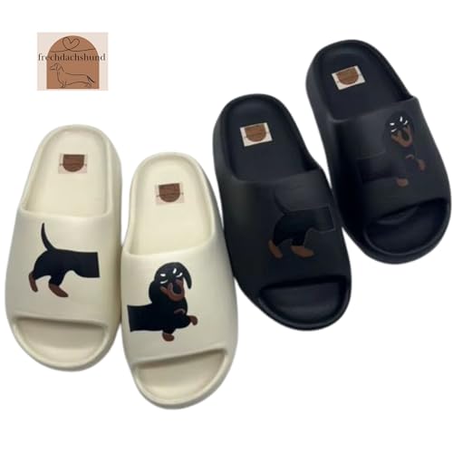 frechdachshund Dackel Badelatschen - Bequeme Hunde Hausschuhe für Zuhause, Dackel Schlappen in fünf versch. Größen (Beige, EU Schuhgrößensystem, Erwachsene, Damen, Numerisch (von/bis), M, 42, 43)